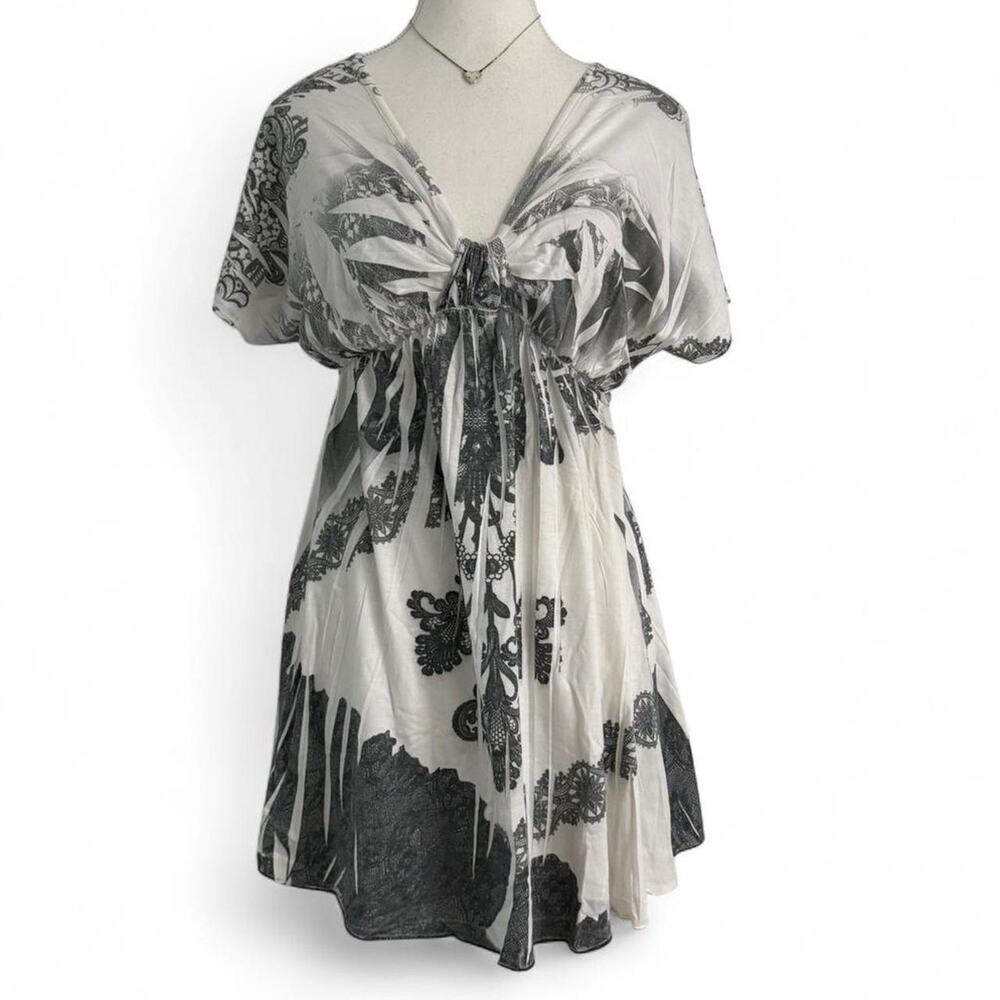 Espresso Grunge Gothic Y2K Baby Doll V Neck Styled Flowy Short Sleeve Top Size L